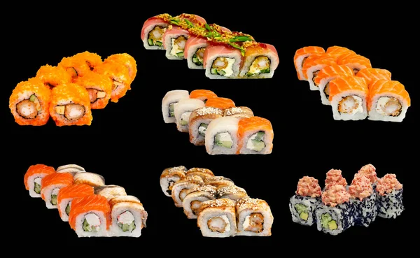 Sushi Nastavit Izolované Černém Pozadí Japonská Kuchyně — Stock fotografie