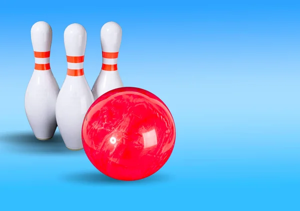Bowling. Bowling ball and bowling pins on a beautiful light blue background. Place for your inscription. Copy space