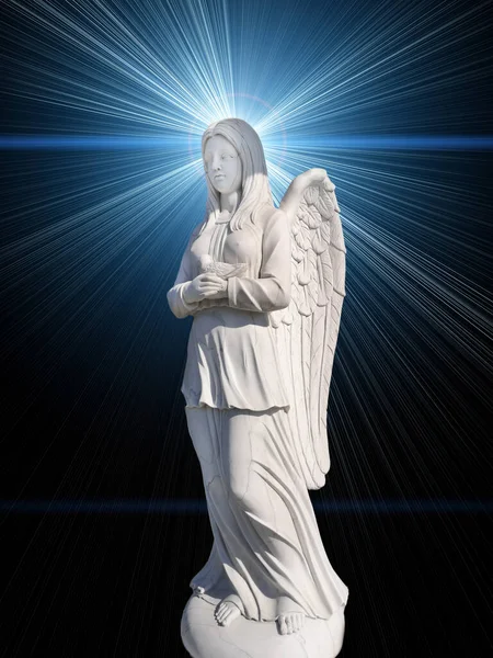 Кладбищенский Памятник Виде Ангела Белого Фоне Мистических Лучей Синего Цвета — стоковое фото
