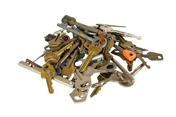 Set Old Keys Isolated White Background View Many Antique Keys — Stock Photo, Image