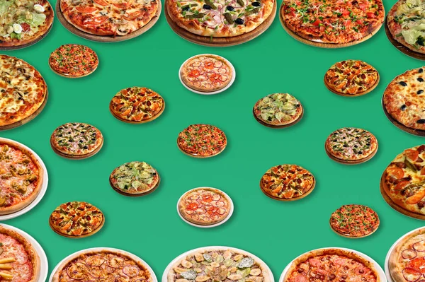 Diferentes Tipos Pizza Sobre Fondo Verde Conjunto Patrón Pizza Textura —  Fotos de Stock