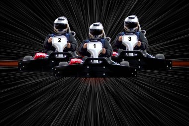 go kart indoor, cart racing fast, car where gokarting, we speed racing, racers banner. Copy space. Three riders Go kart speed rive indoor race on a background with white rays. clipart