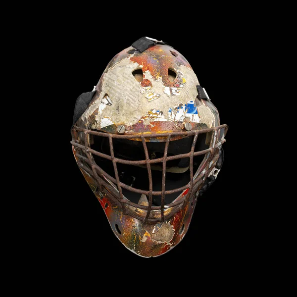 Stará Hokejová Maska Pro Ochranu Brankáře Izolované Černém Pozadí — Stock fotografie