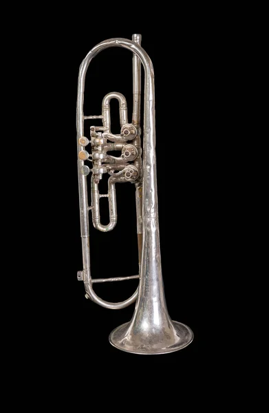 Silver Trumpet Old Isolated Black Background Musical Instrument Worth — Stock Photo, Image