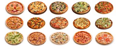 Beyaz arka planda 15 pizza seti. Menü kartı, web tasarımı, site, dükkan, reklam veya dağıtım için fast food resmi. Yüksek kaliteli rötuş ve izolasyon. panoramik biçim