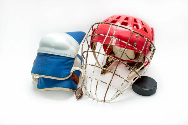 Old Hockey Helmet Gloves Puck White Background Isolated — Stock Photo, Image