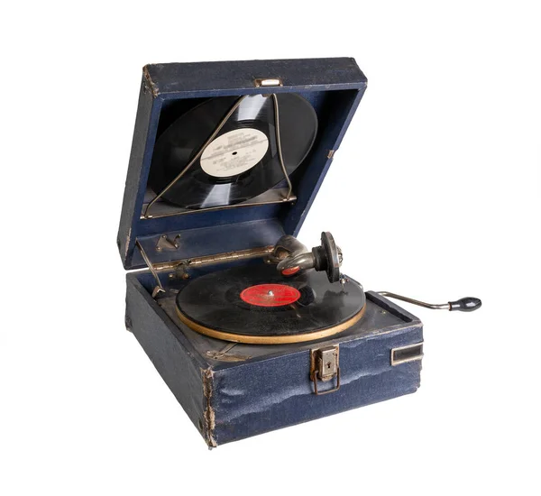 Gramophone Remontage Portatif Phonographe Manivelle Vieux Gramophone Avec Disque Isolé — Photo