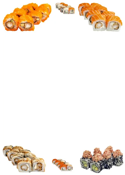 Ramka Menu Sushi Kilka Zestawów Sushi Izolowanym Białym Tle — Zdjęcie stockowe
