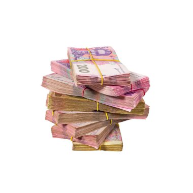 Lastik bir bantla bağlanmış bir tomar para. Beyaz arka planda izole edilmiş Ukrayna para birimi Hryvnia.