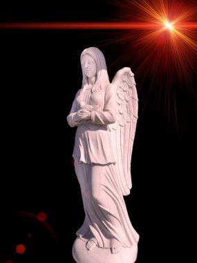 Mezarlık anıtı, beyaz bir melek şeklinde mistik bir ışığın arka planında, kırmızı renkte..