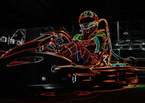 Kart Racing Neon Light Picture Man Karting Vehicle Track Place — Stock Photo, Image