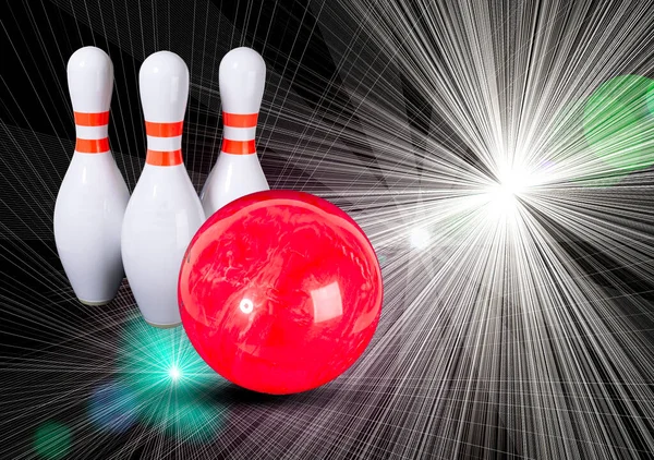 Bowlingozni Bowling Golyó Bowling Csapok Egy Gyönyörű Színes Sugarak Háttér — Stock Fotó