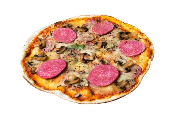 Pizza Salami Sausage Mushrooms Tomatoes Sweet Pepper Cheese Thin Cake — Stock Photo, Image