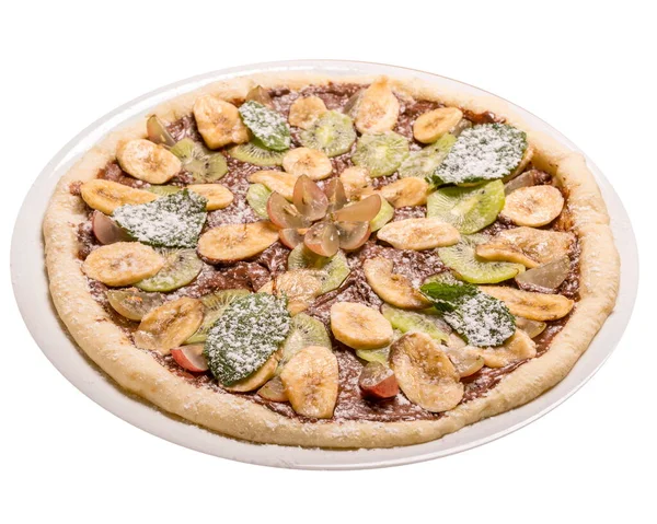 Sweet Pizza Children Nutela Banana Kiwifruit Grapes Mint Isolated Image — Stock Photo, Image