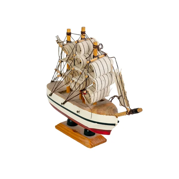 Toy Boat Sailboat Wooden Stand Isolated White Background Model Ship — Stock Photo, Image