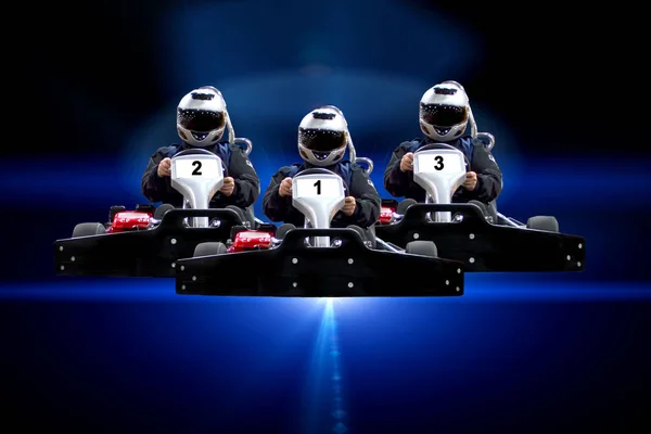 Three Riders Kart Speed Rive Indoor Racing Blue Background Kart — Stock Photo, Image