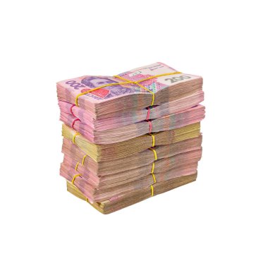 Lastik bir bantla bağlanmış bir tomar para. Beyaz arka planda izole edilmiş Ukrayna para birimi Hryvnia.