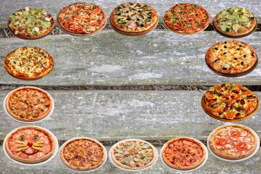 Ahşap bir arka planda izole edilmiş pizza setinin harf ve tasarımı için çerçeve. Boşluğu kopyala