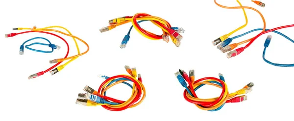 Set Multi Colored Cables Computer Network Twisted Together Isolated White — Stock Photo, Image