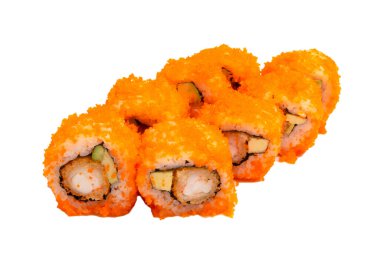 Tempura karidesli suşi masajı. Beyaz bir arkaplanda izole edilmiş
