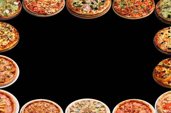 从一组孤立在黑色背景上的披萨中提取字母和设计的框架 登记的地方 复制空间 — 图库照片