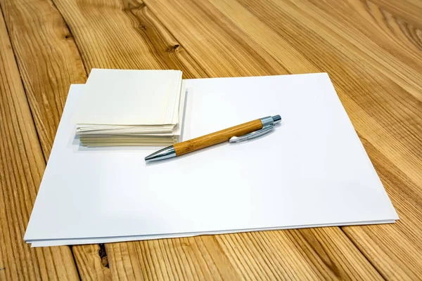 Sheets White Paper Notes Writing Together Ballpoint Pen Lie Wooden — Stock Photo, Image