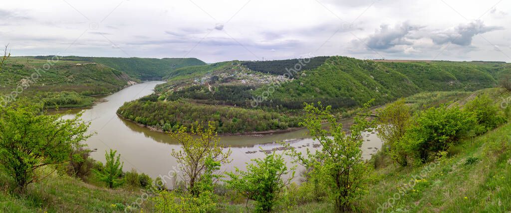 Geological landscape. The most complete section of Silurian and Devonian sediments Paleozoic age. The village of Kitaygorod and the Ternava River. Kitaygorod outcrop. Podilski Tovtry panorama
