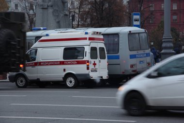 Ambulance car of the Ministry of Defense of Russia duty during a rally in Moscow on October 17, 2017 clipart