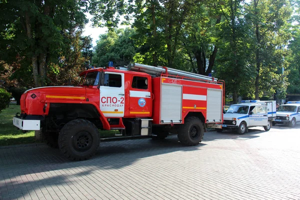 Camión Bomberos Cinnologías Están Servicio Durante Evento Junio Krasnodar — Foto de Stock