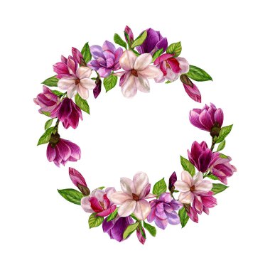 Bahar çelenk Manolya çiçek beyaz zemin üzerine suluboya tarzında. Suluboya, düğün çerçeve, el yapımı, desen, çizim.