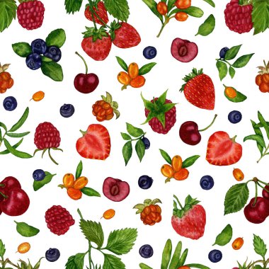 Güzel çilek, ahududu, cloudberries, yaban mersini, yaban mersini, çilek, kiraz ve Deniz-topalak üzerinde beyaz bir arka plan ile Seamless modeli. Suluboya el yapımı çilek. Kağıt, kumaş, sarma, tasarım vb.