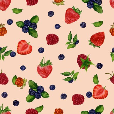 Suluboya el yapımı. Renkli arka plan üzerinde çilek ile Seamless modeli. Ambalaj Kağıt, kumaş, tasarım için vb.