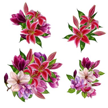 Beyaz arka plan üzerinde izole çiçek demetleri. Çiçek buketleri kümesi. Suluboya çiçek el ile çalışır. Tasarım, davetiye düğün, kartları, kartvizit, vb için.