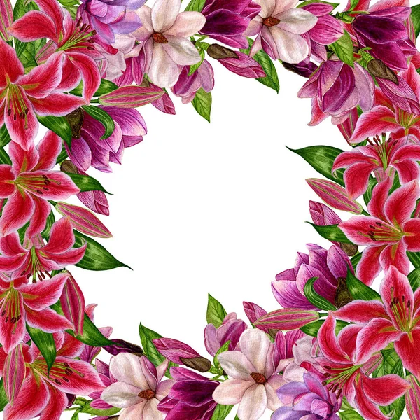 Ілюстрація Акварелі Квіти Магнолії Лілії Зелене Листя Квіткова Рамка Елемент — стокове фото