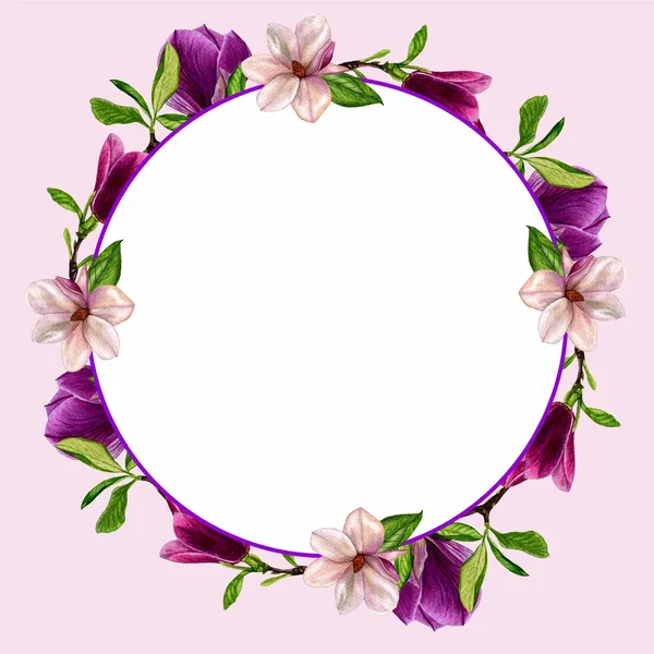 Pocztówki Kwiatów Magnolii Akwarela Ręcznie Projekt Zaproszenia Ślub Gratulacje Urodziny — Zdjęcie stockowe