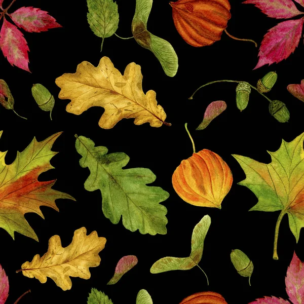 Seamless Raster Pattern Watercolor Autumn Leaves Black Background Watercolour Illustrations — Stock Photo, Image