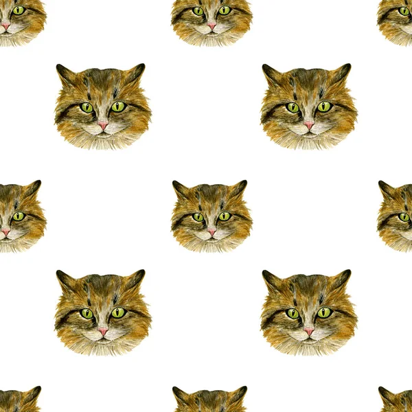 Seamless pattern with the muzzle of a cat. Watercolour. Hand-drawn illustration. Perfect for textiles, backgrounds, wrapping paper, etc.
