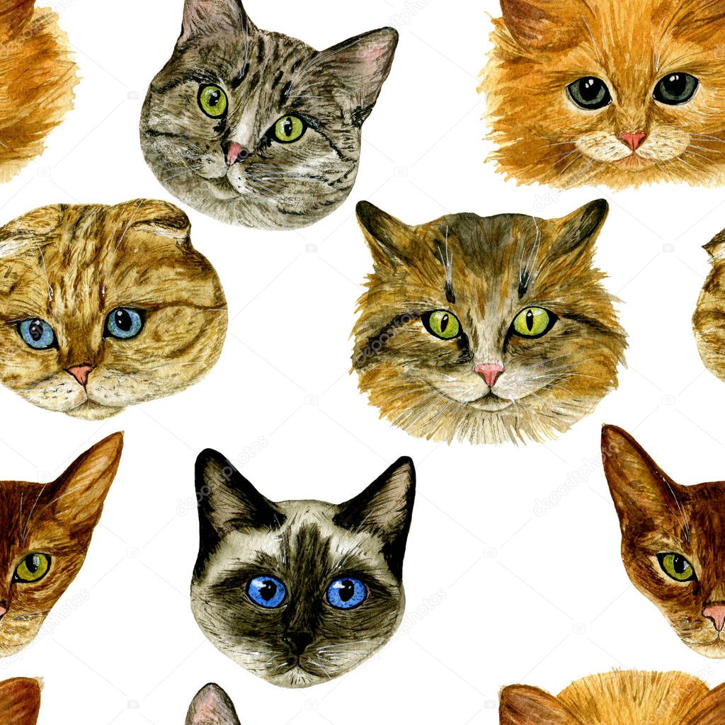 Seamless pattern with cat muzzle. Watercolour hand drawn illustration. Great for printing on T-shirt, pillow, poster, cards, stickers, etc. 