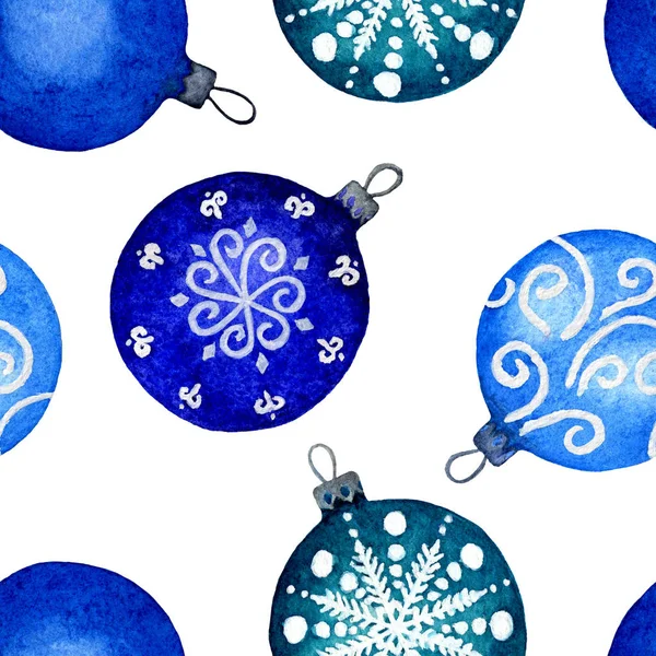 Patrón Sin Costuras Acuarela Bolas Navidad Azul Sobre Fondo Blanco — Foto de Stock