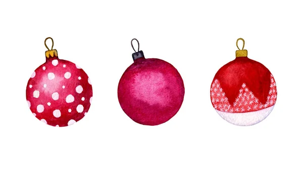 Conjunto Aquarela Bolas Vermelhas Natal Sobre Fundo Branco Decorações Ornamentais — Fotografia de Stock
