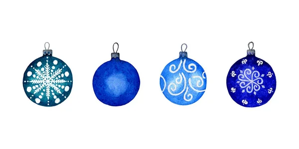 Boyalı Illustration Suluboya Mavi Noel Topları Beyaz Bir Arka Plan — Stok fotoğraf