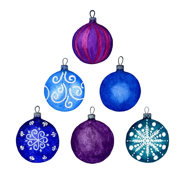 Sada Vánočních Dekorativních Prvků Modré Fialové Koule Samostatné Prvky Bílém — Stock fotografie