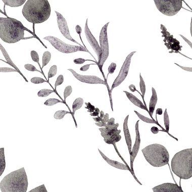 Bitkiler siyah arka plan üzerinde unsurları ile Seamless modeli. El suluboya doku çekilmiş. Duvar kağıdı, tekstil, kumaş, arka plan için şirin tasarımı.