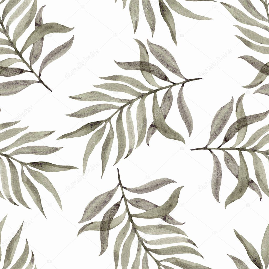 Watercolour hand painted. Seamless pattern with leaves on a white background. Beautiful design for wallpapers, textiles, fabrics, wrapping paper, background.
