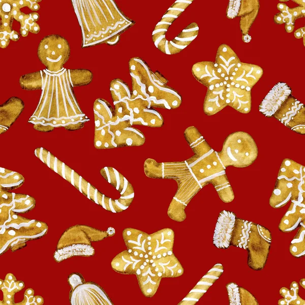 Seamless Christmas pattern with food elements. Perfect for backgrounds, textures, wrapping paper, patterns, fabrics, etc. Watercolour illustration hand painted.