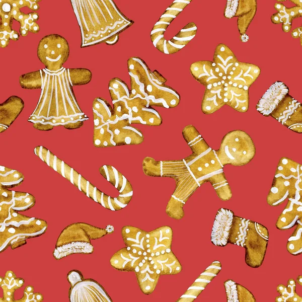 Seamless Christmas pattern with food elements. Watercolour illustration hand painted. Perfect for backgrounds, textures, wrapping paper, patterns, fabrics, etc.