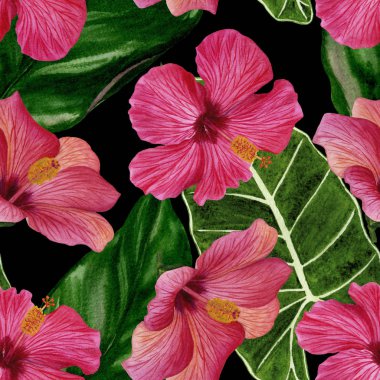 Hibiscus çiçek ve yaprakları ile Dikişsiz tropikal desen. Suluboya çizimi el boyalı. Kumaş, ambalaj kağıdı, arka plan için mükemmel.