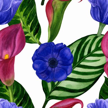 Çiçek ve yaprakları ile Seamless modeli. Kumaş, ambalaj kağıdı, arka plan için mükemmel. El boyalı suluboya çizimi. 