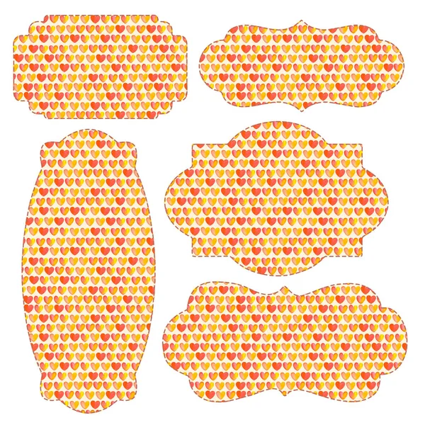 Abstract stickers, price tags for goods, red hearts on yellow paper, isolated labels