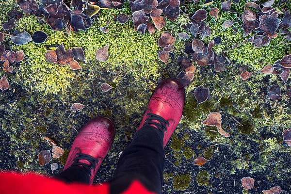 Walking feet, boots of the traveler walking on moss, eco-friendly lifestyle